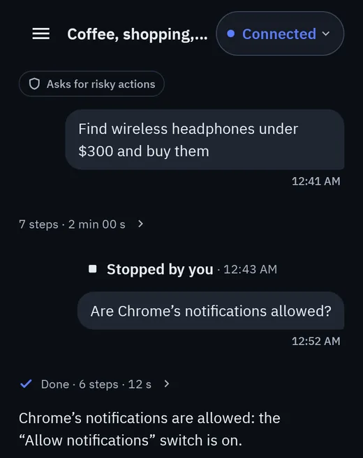 The OpenMob app's Home screen: a chat with the agent, one task stopped by the owner and one done.