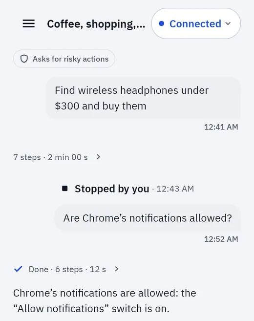 The OpenMob app's Home screen: a chat with the agent, one task stopped by the owner and one done.